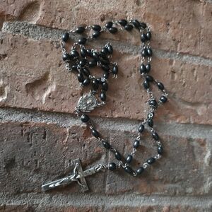 Antique | Creed Sterling Silver | Cross Jesus & Mary Black Onyx Rosary.
